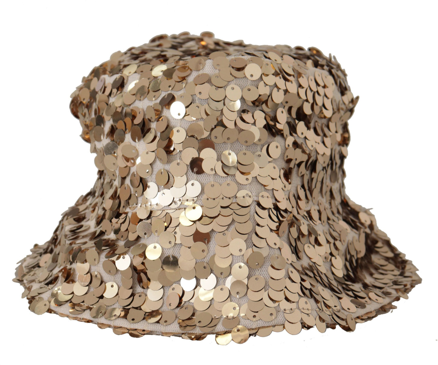 Dolce & Gabbana Gold Silk Sequin Embellished Designer Brim Bucket Women's Hat