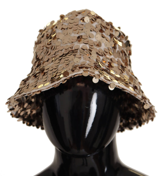Dolce & Gabbana Gold Silk Sequin Embellished Designer Brim Bucket Women's Hat