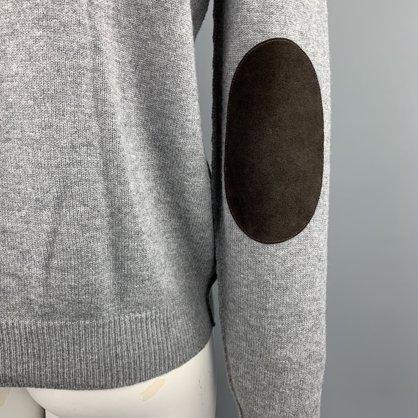 PRADA Size L Gray Wool V-Neck Beige Trim Elbow Patch Pullover Sweater