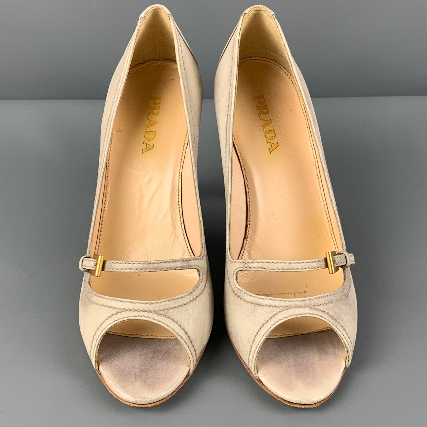 PRADA Size 7 Beige Leather Marbled Peep Toe Pumps
