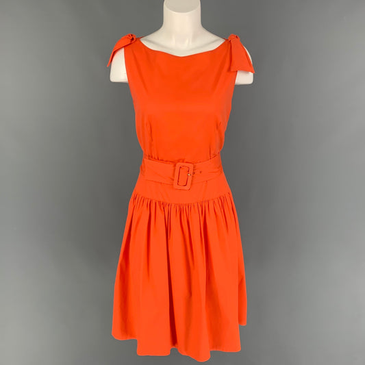 PRADA Size 6 Orange Cotton Blend Sleeveless Belted A-Line Dress