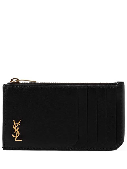 Saint Laurent Monogram Leather Gold Zipper Card Wallet Black