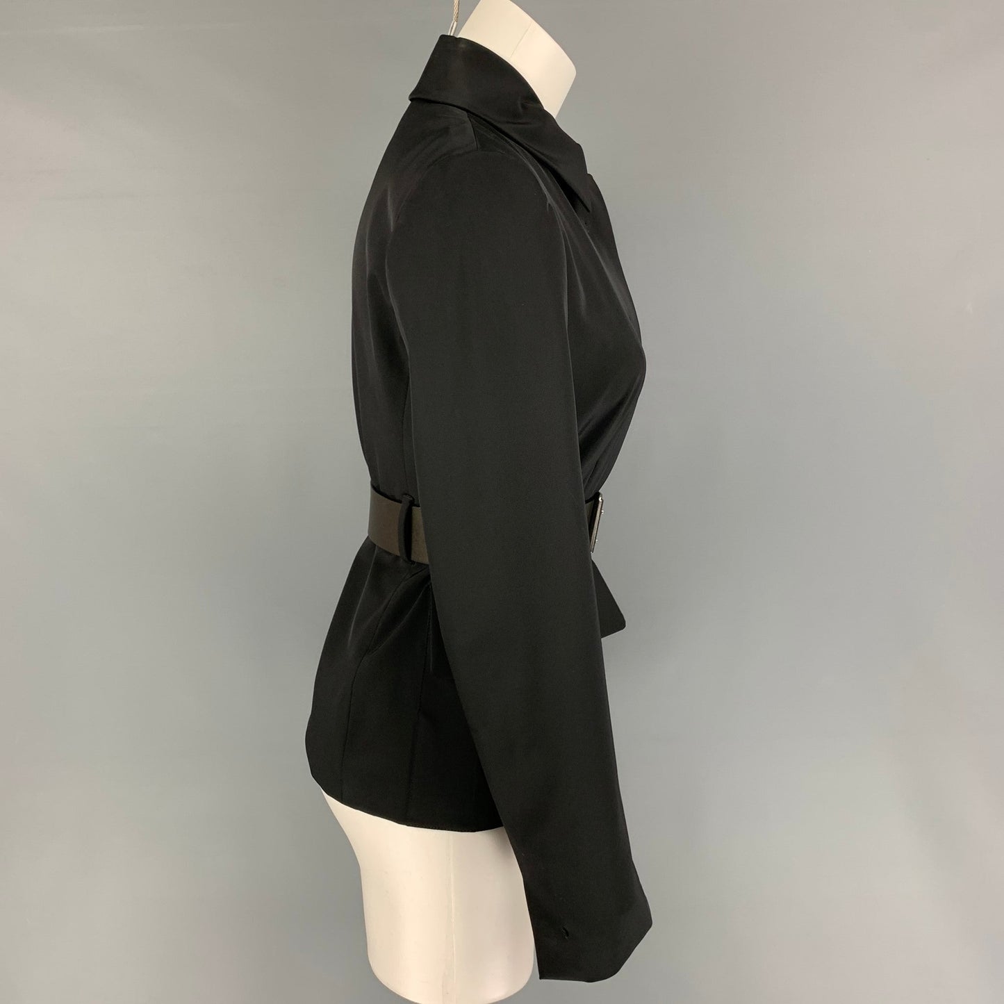 PRADA Size 4 Black Polyester Leather Belted Jacket
