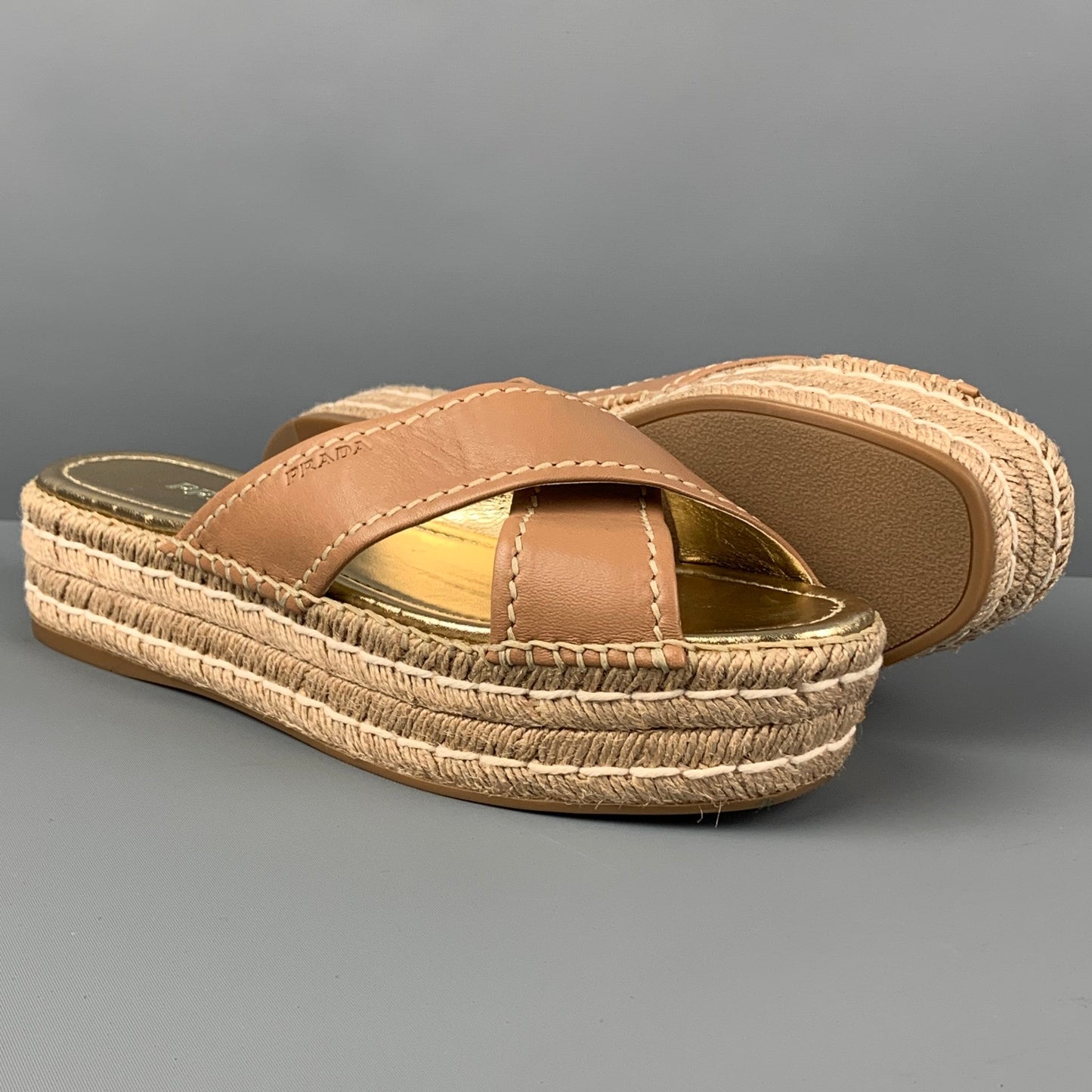 PRADA Size 10 Tan Gold Leather Espadrille Sandals
