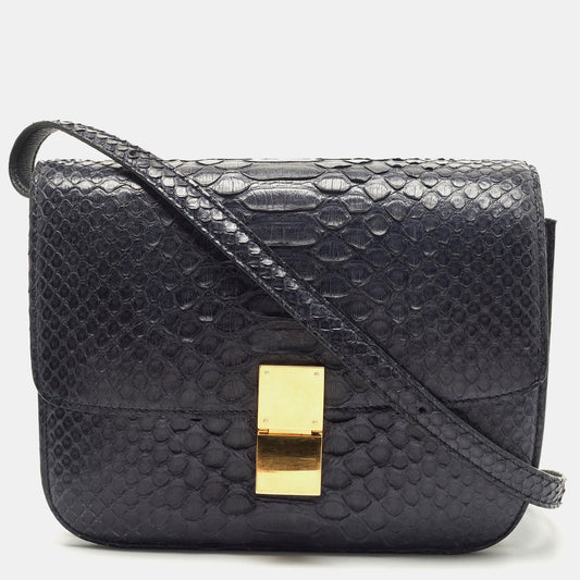 Celine Navy Blue Python Medium Classic Box Shoulder Bag