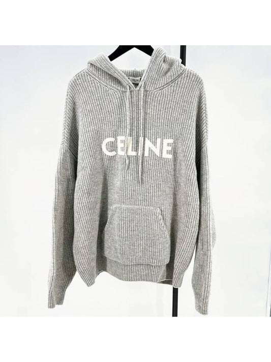 CELINE Ribbed wool knit hoodie gray L size