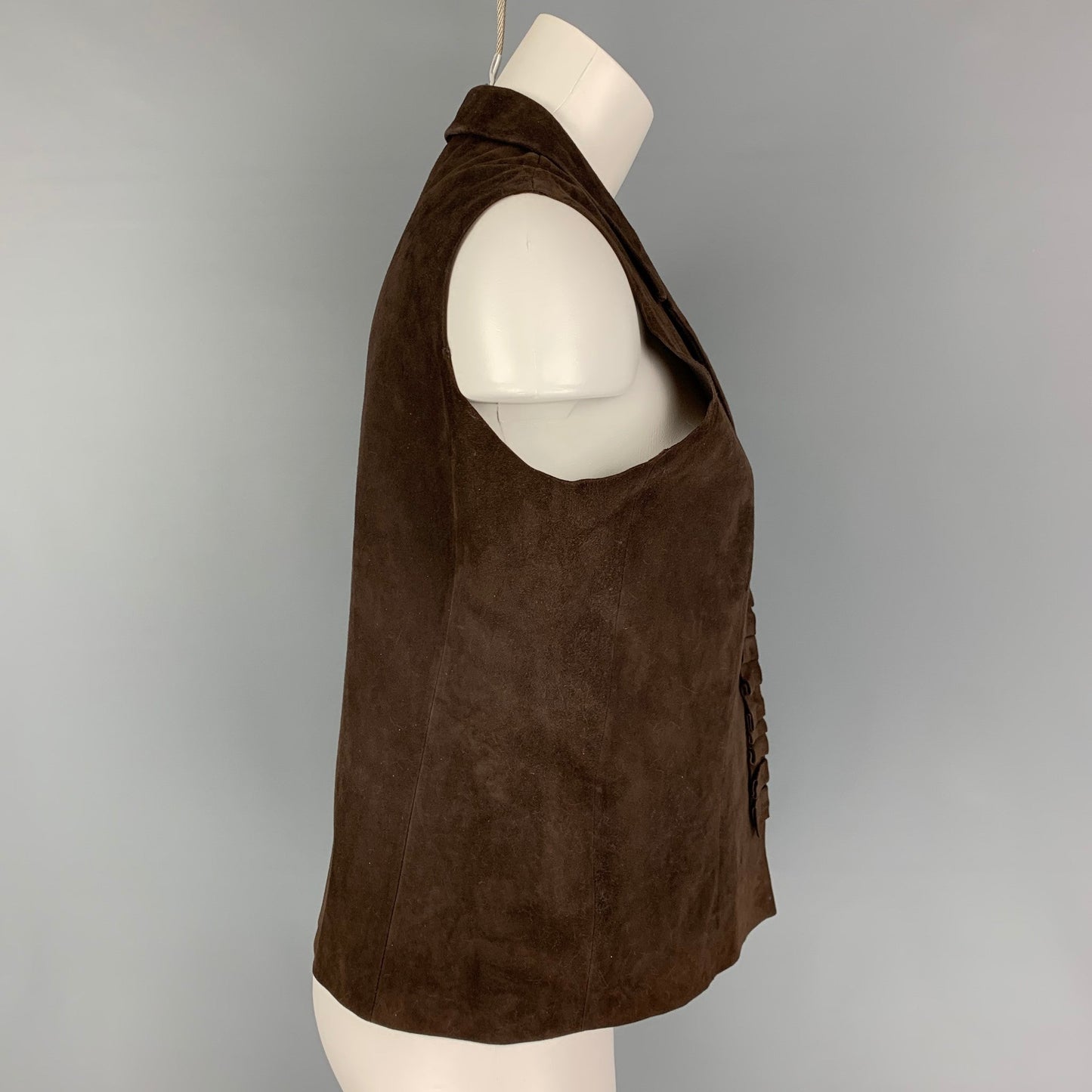 PRADA Size 10 Brown Suede Ruffled Snaps Vest