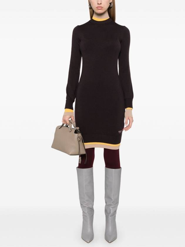 Fendi High Neck Wool Short Dress Dark Purple
