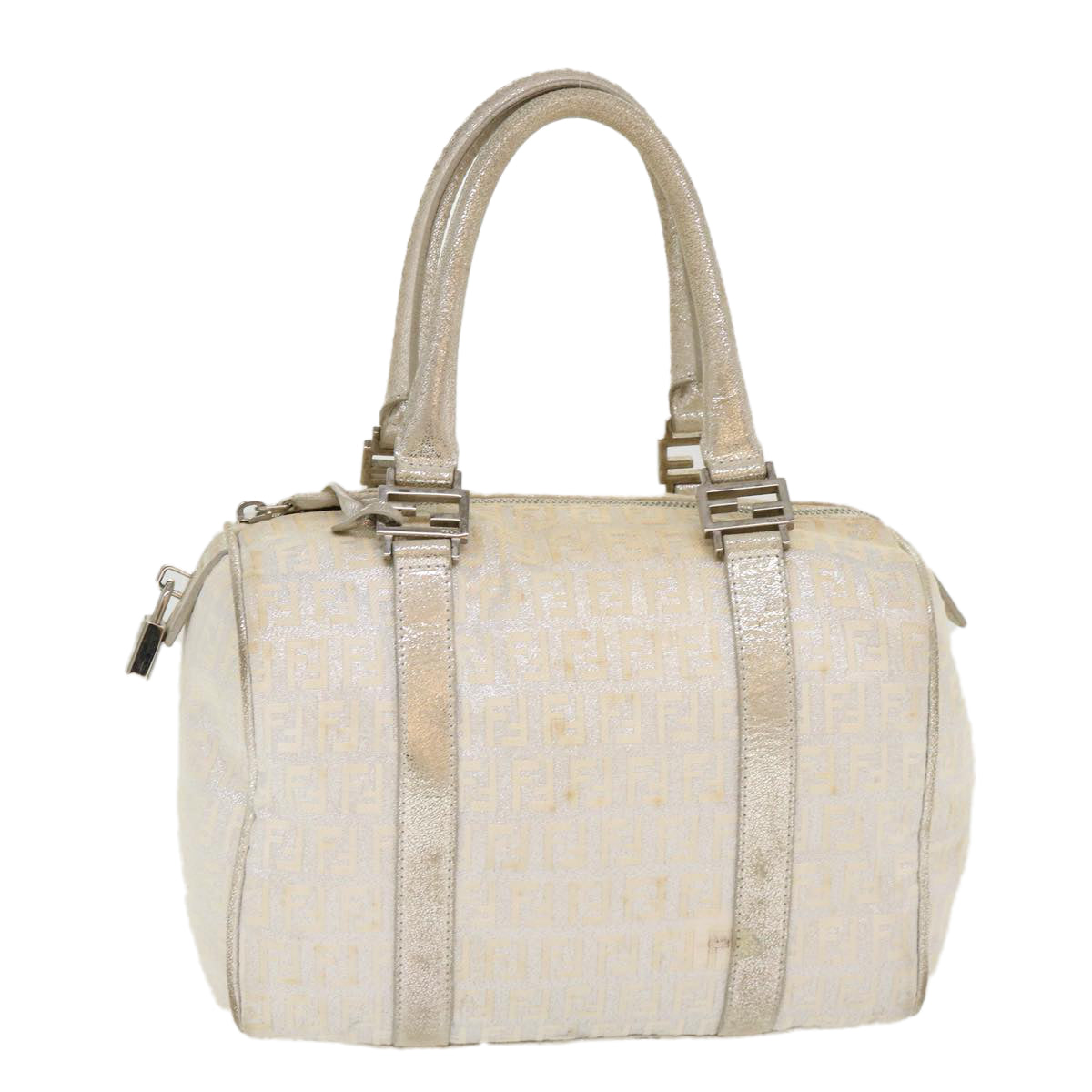 FENDI Zucchino Canvas Hand Bag Silver Auth 40060