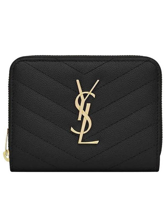 Saint Laurent Monogram Zipper Grained Leather Half Wallet Black
