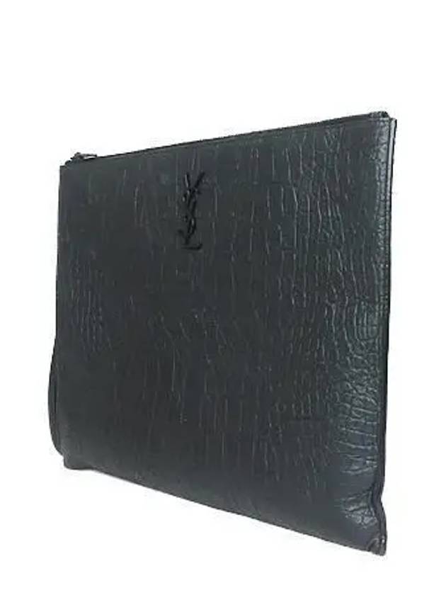 Saint Laurent 667691 Black leather crocodile pattern tablet case clutch bag