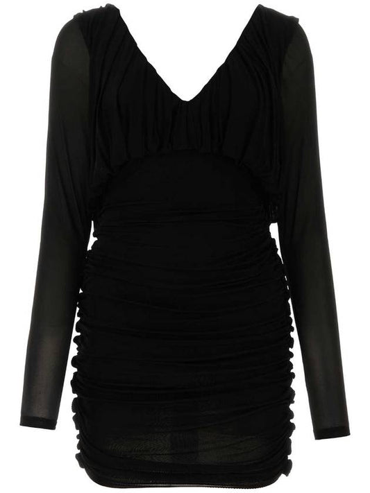 Saint Laurent V-Neck Drape Short Dress Black