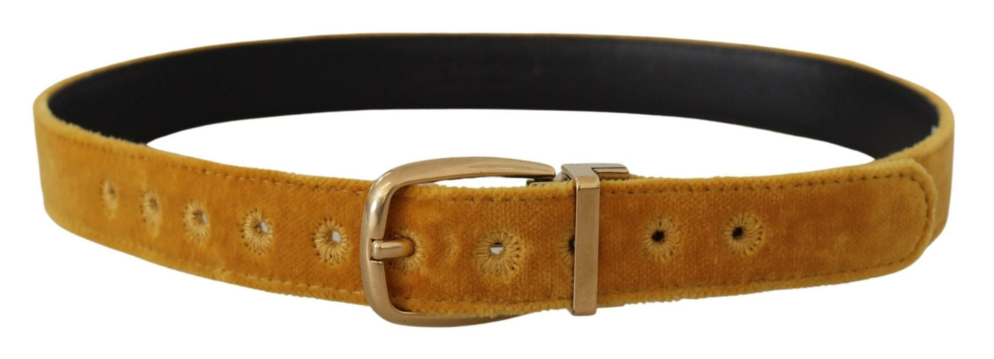 Dolce & Gabbana Mustard Velvet Gold Logo Engraved Metal Buckle Women's Belt