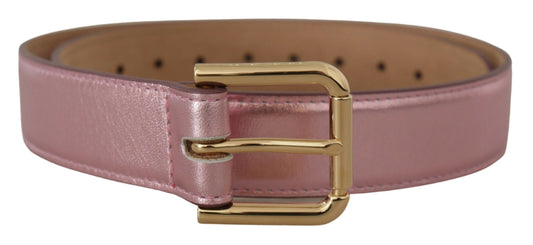 Dolce & Gabbana Metallic Pink Polished Leather Logo Metal Buckle Women's Belt