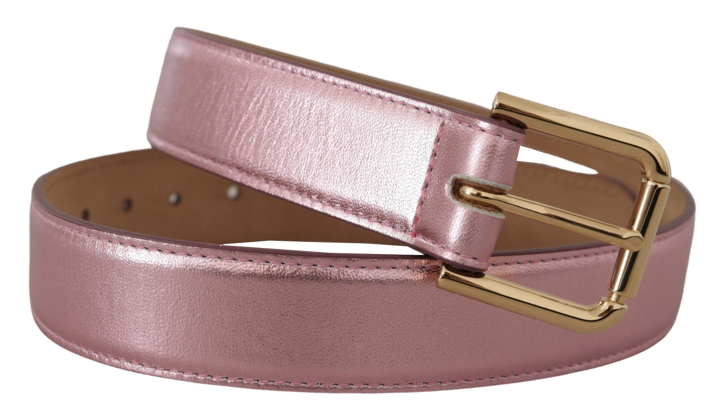 Dolce & Gabbana Metallic Pink Polished Leather Logo Metal Buckle Women's Belt
