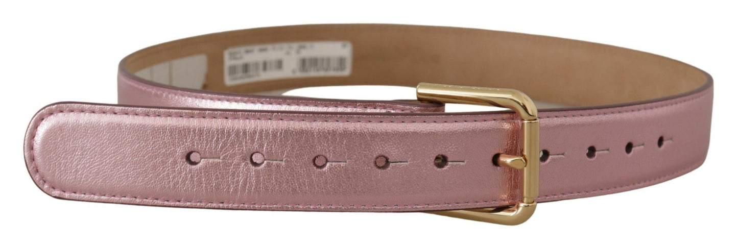 Dolce & Gabbana Metallic Pink Polished Leather Logo Metal Buckle Women's Belt