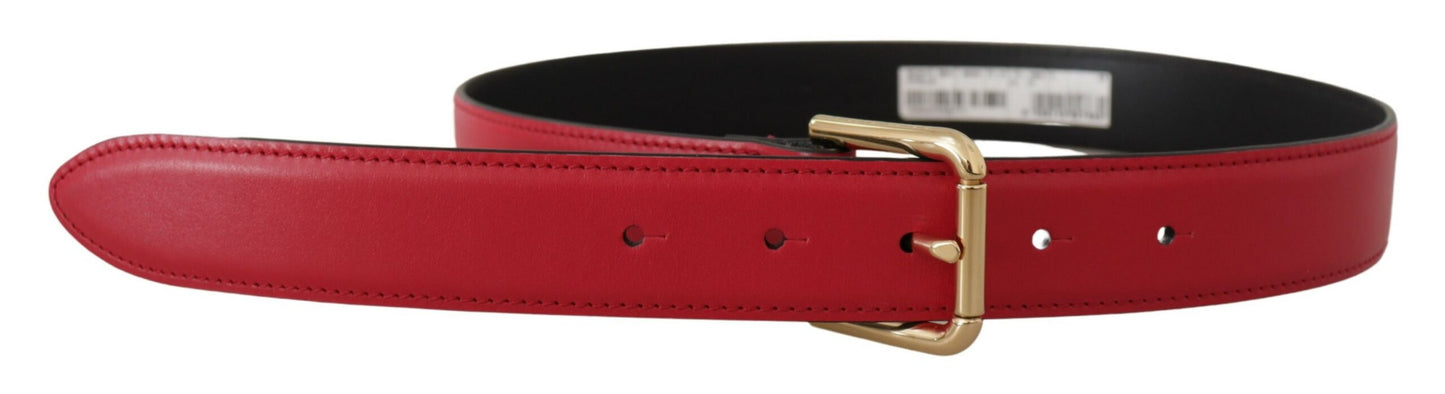 Dolce & Gabbana Red Calf Leather Gold Tone Logo Metal Buckle Women's Belt
