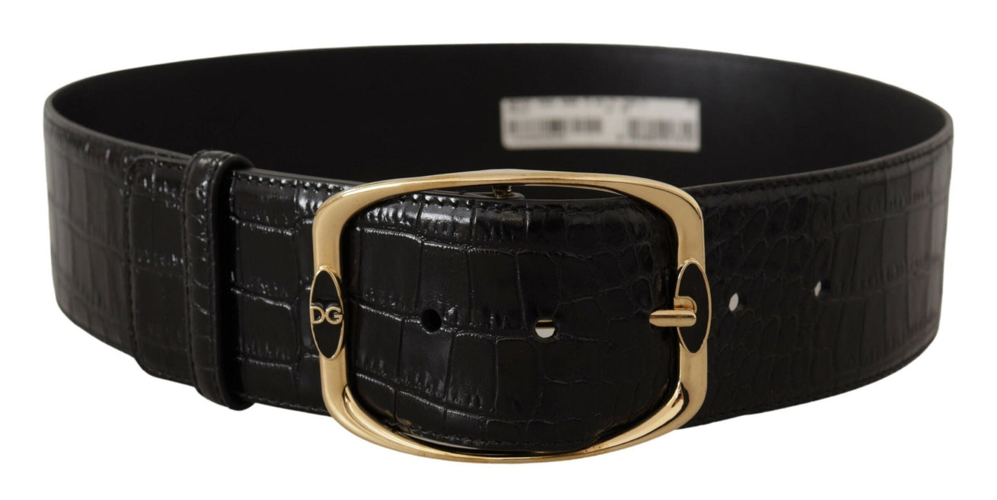 Dolce & Gabbana Black Crocodile Print Gold Metal DG Logo Buckle Women's Belt
