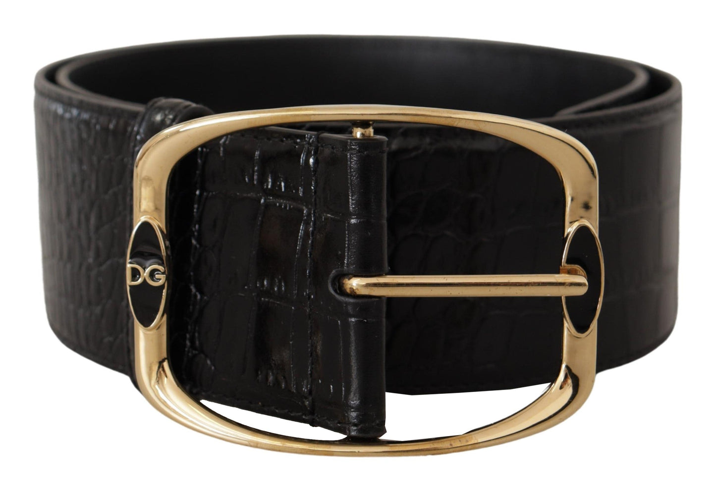 Dolce & Gabbana Black Crocodile Print Gold Metal DG Logo Buckle Women's Belt