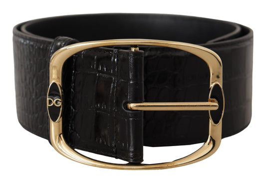 Dolce & Gabbana Black Crocodile Print Gold Metal DG Logo Buckle Women's Belt
