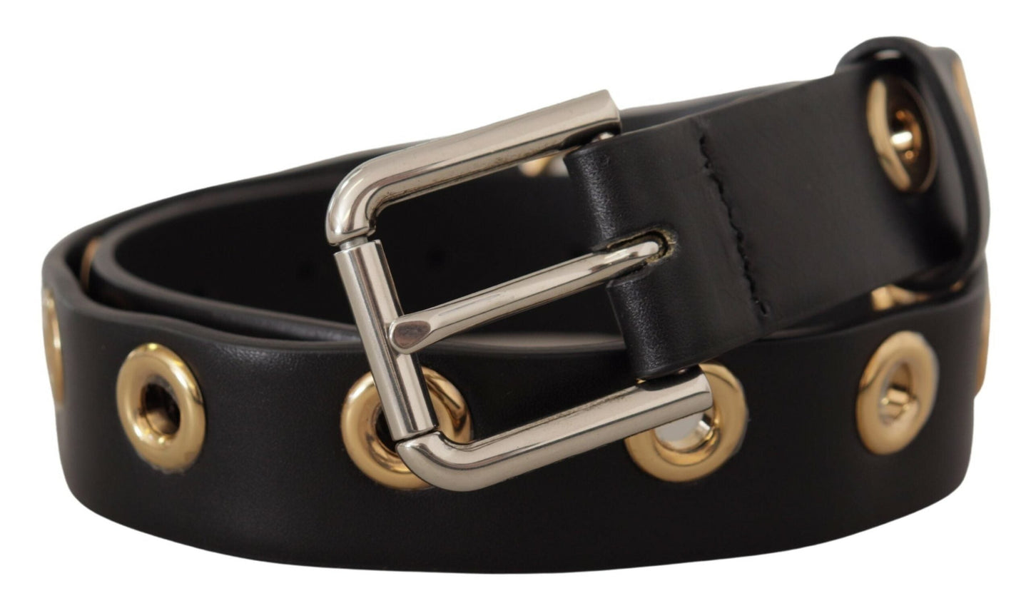 Dolce & Gabbana Black Leather Eyelet Silver Tone Metal Buckle Women's Belt
