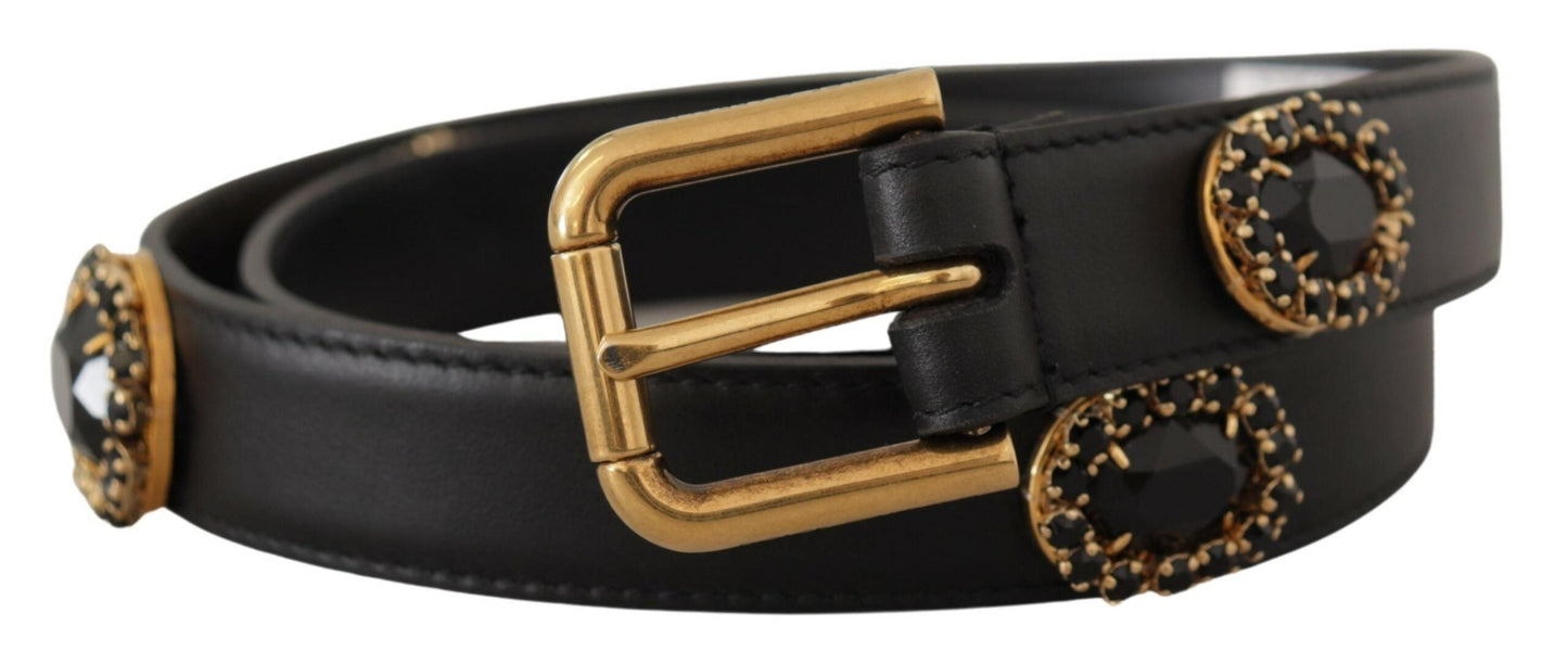 Dolce & Gabbana Black Leather Embellished Crystal Logo Women's Belt
