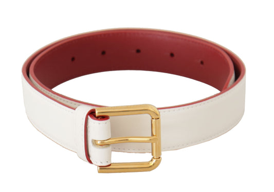 Dolce & Gabbana White Calf Leather Two-Toned Gold Metal Buckle Women's Belt