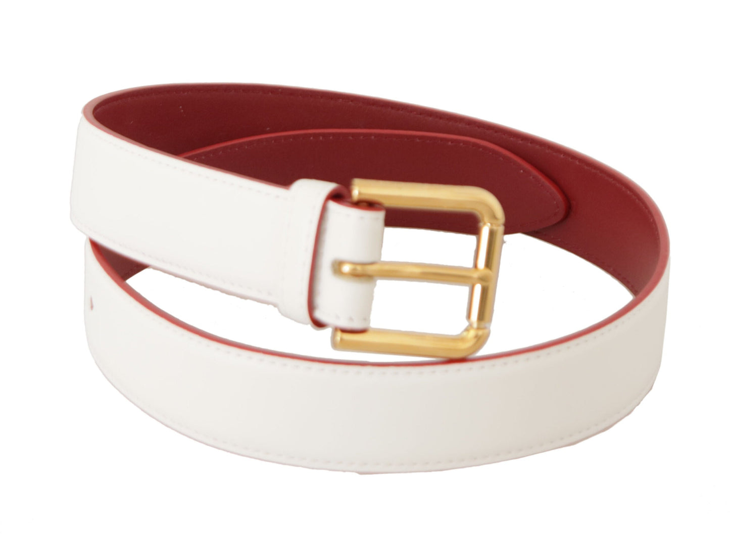 Dolce & Gabbana White Calf Leather Two-Toned Gold Metal Buckle Women's Belt