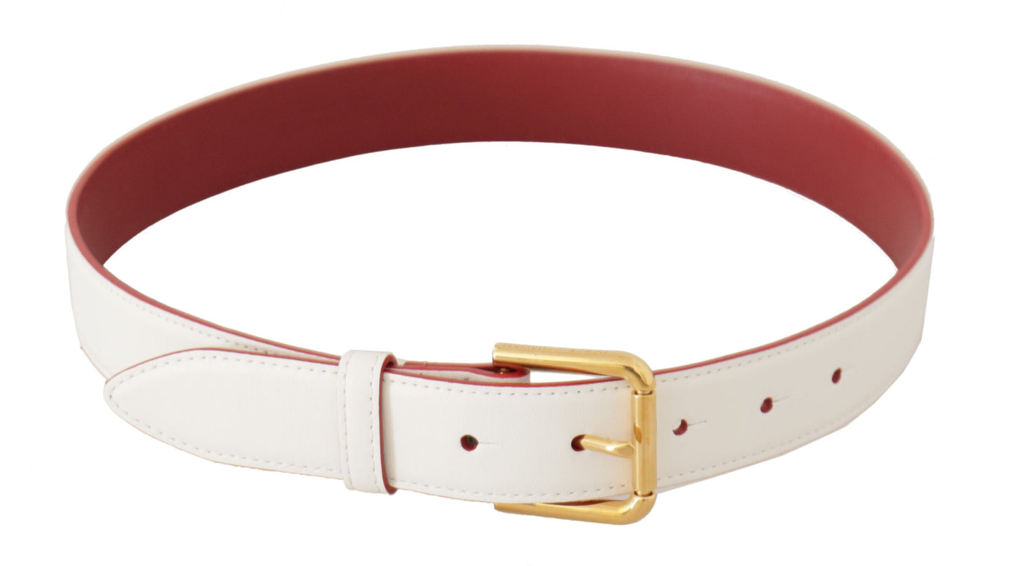 Dolce & Gabbana White Calf Leather Two-Toned Gold Metal Buckle Women's Belt