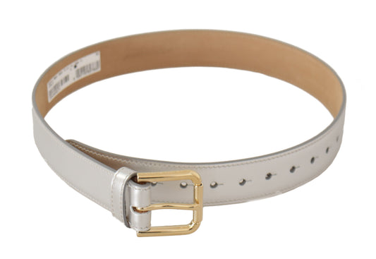 Dolce & Gabbana Silver Leather Gold Tone Logo Metal Buckle Women's Belt