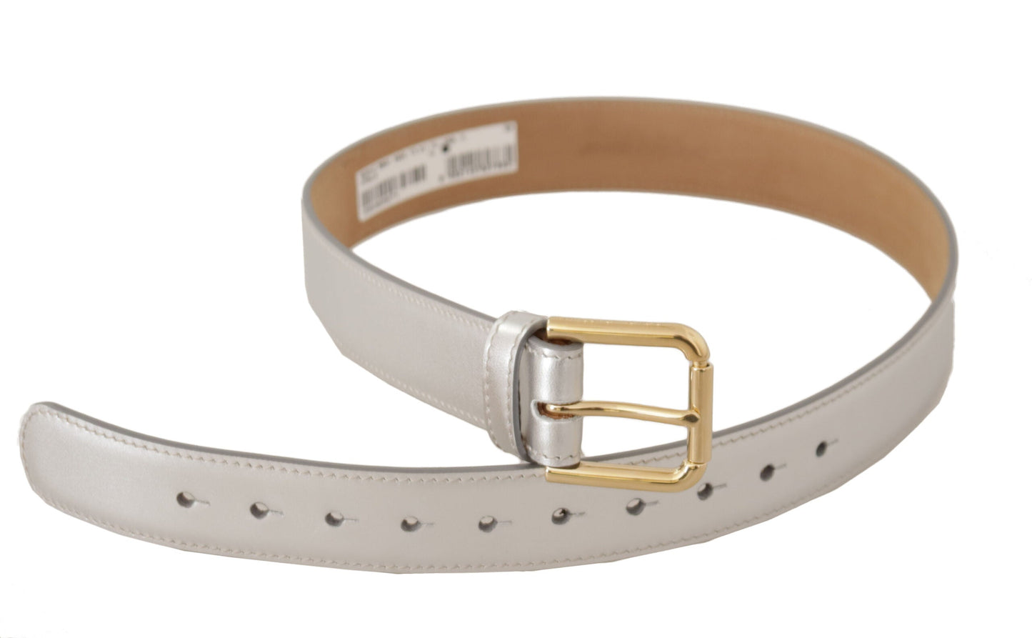 Dolce & Gabbana Silver Leather Gold Tone Logo Metal Buckle Women's Belt