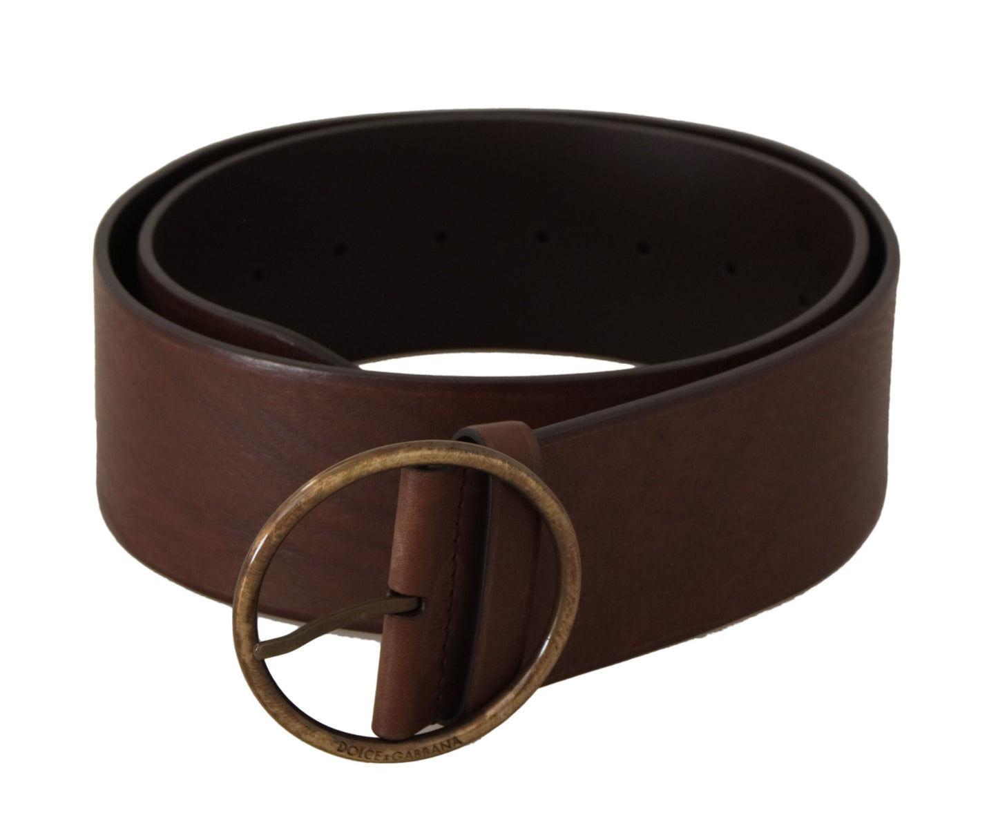 Dolce & Gabbana Brown Leather Wide Waist Logo Metal Round Buckle Women's Belt