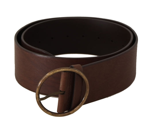 Dolce & Gabbana Brown Leather Wide Waist Logo Metal Round Buckle Women's Belt