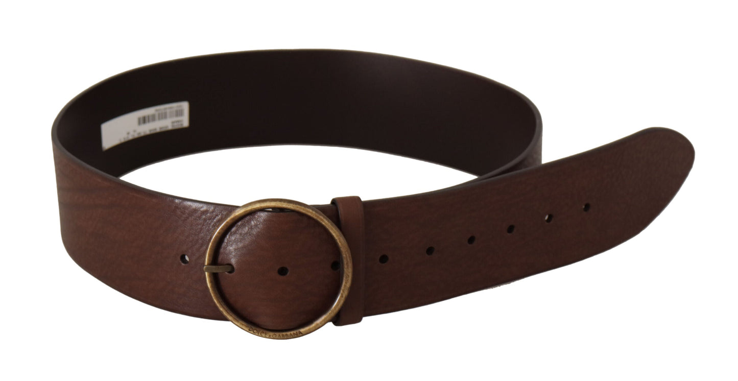 Dolce & Gabbana Brown Leather Wide Waist Logo Metal Round Buckle Women's Belt