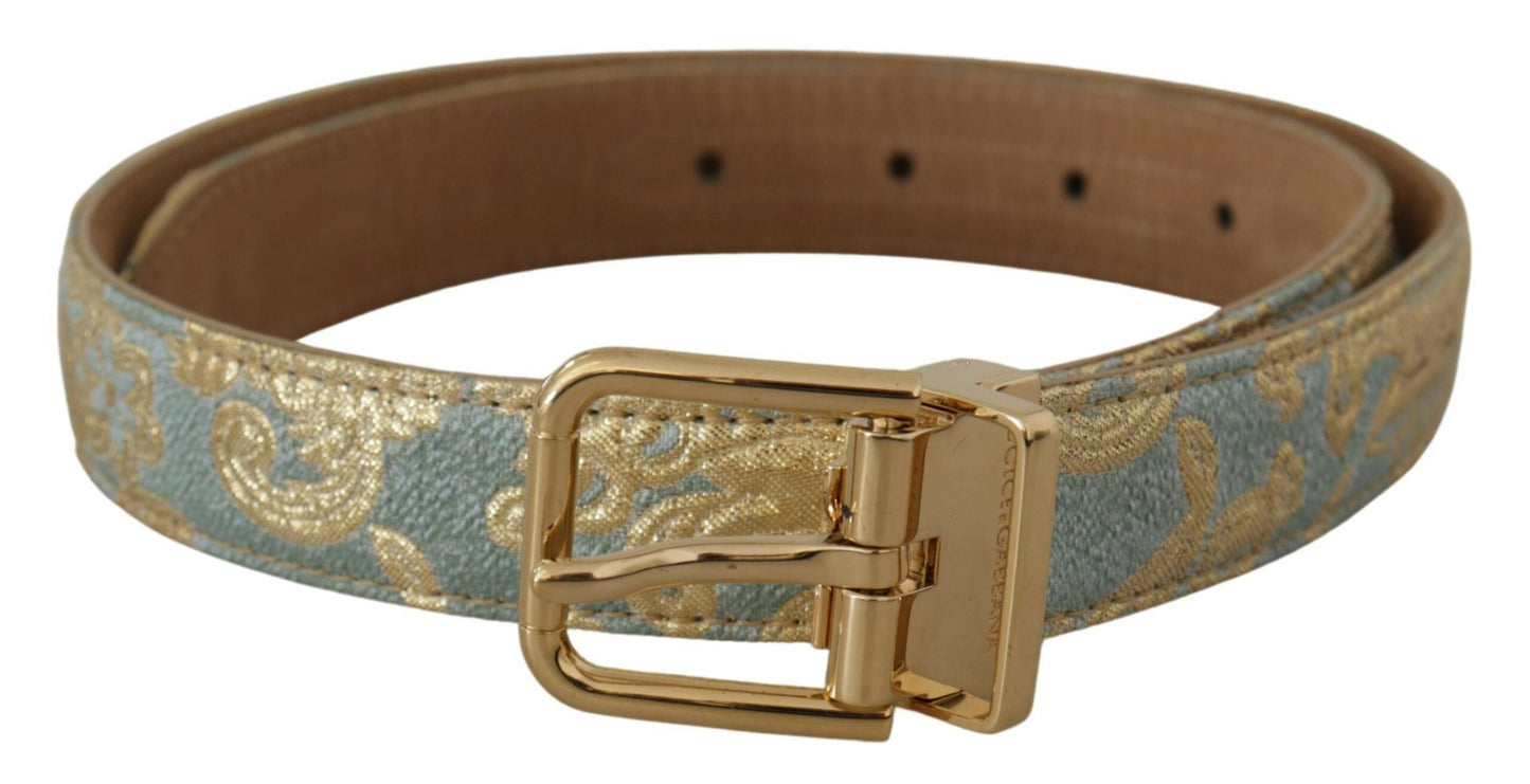 Dolce & Gabbana Blue Leather Jacquard Embossed Gold Metal Buckle Women's Belt