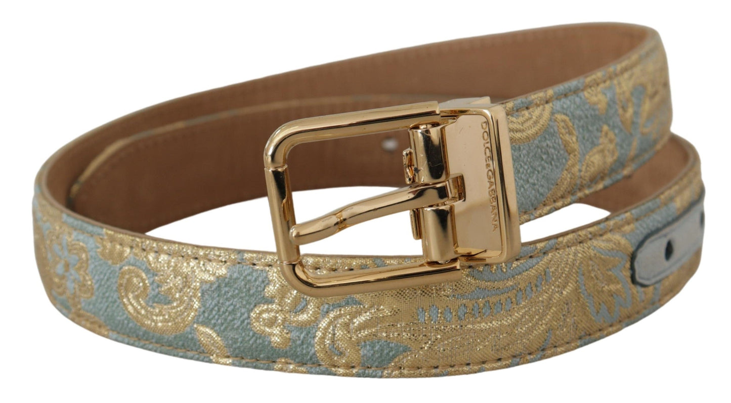 Dolce & Gabbana Blue Leather Jacquard Embossed Gold Metal Buckle Women's Belt