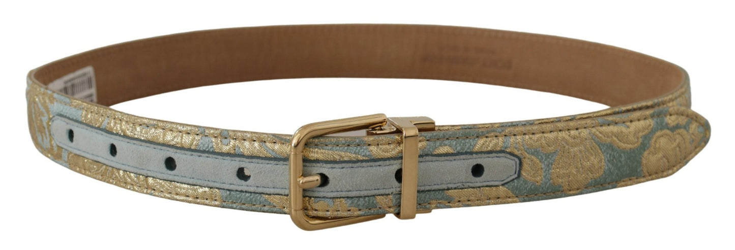Dolce & Gabbana Blue Leather Jacquard Embossed Gold Metal Buckle Women's Belt