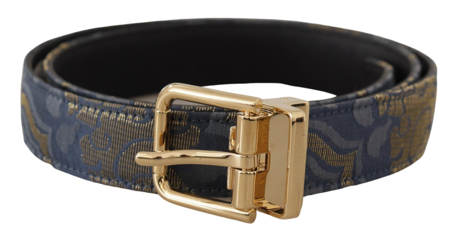 Dolce & Gabbana Navy Blue Jacquard Gold Tone Logo Metal Buckle Women's Belt
