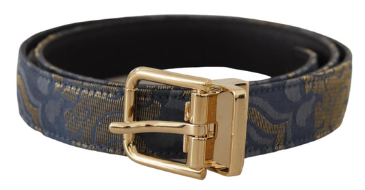 Dolce & Gabbana Navy Blue Jacquard Gold Tone Logo Metal Buckle Women's Belt