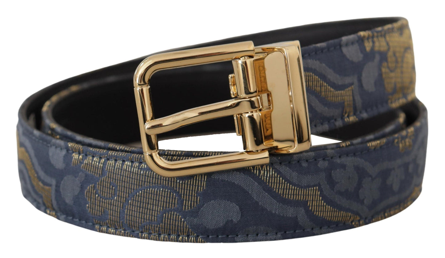Dolce & Gabbana Navy Blue Jacquard Gold Tone Logo Metal Buckle Women's Belt