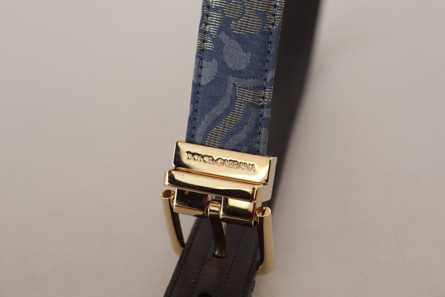Dolce & Gabbana Navy Blue Jacquard Gold Tone Logo Metal Buckle Women's Belt