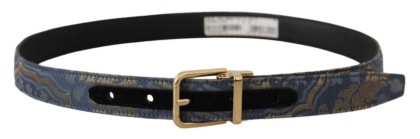 Dolce & Gabbana Navy Blue Jacquard Gold Tone Logo Metal Buckle Women's Belt
