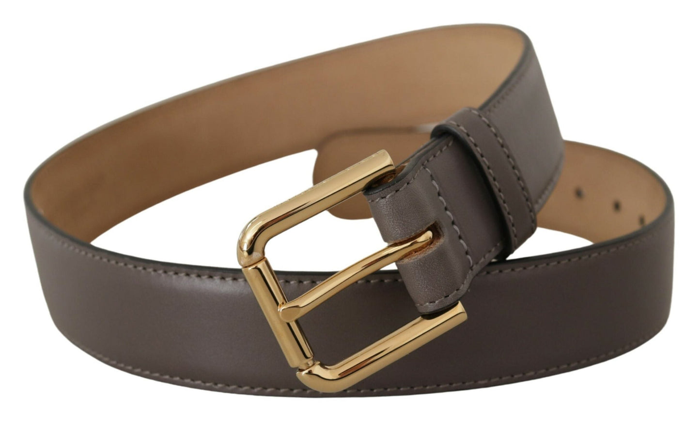 Dolce & Gabbana Gray Calfskin Leather Gold Metal Logo Buckle Women's Belt