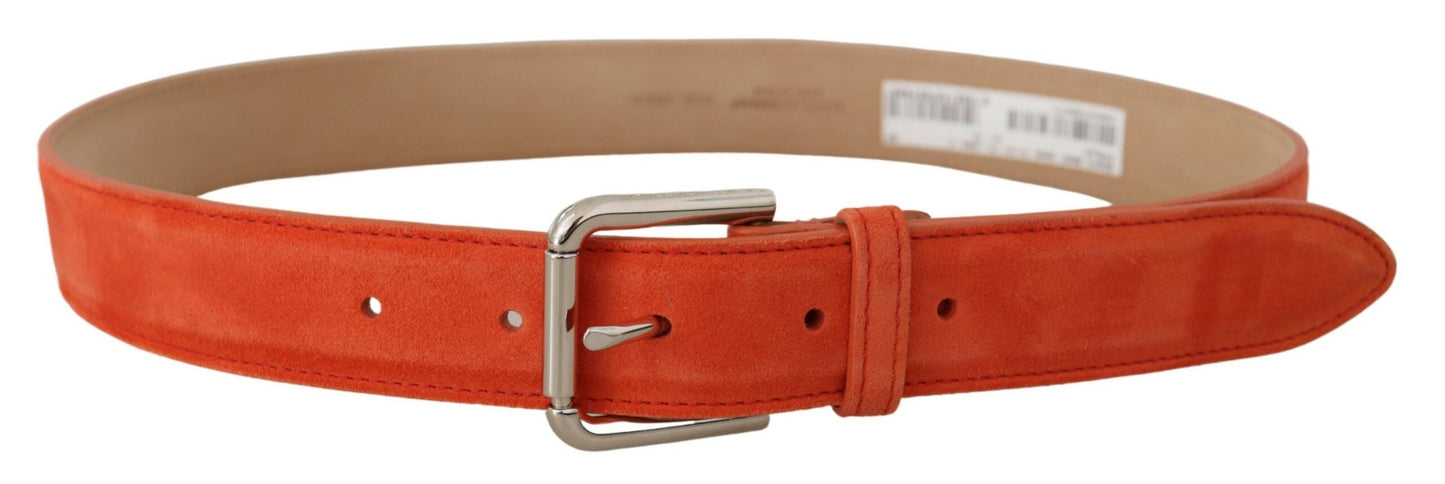 Dolce & Gabbana Orange Leather Suede Silver Logo Metal Buckle Women's Belt