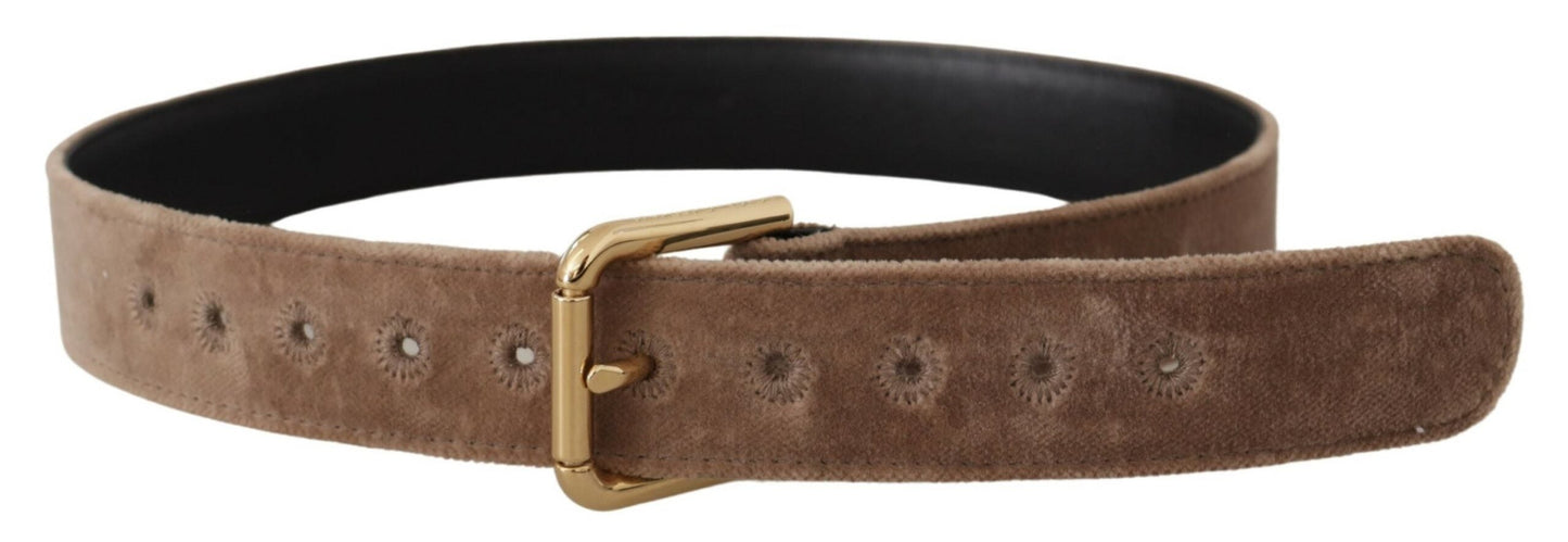 Dolce & Gabbana Light Brown Velvet Gold Tone Logo Metal Buckle Women's Belt