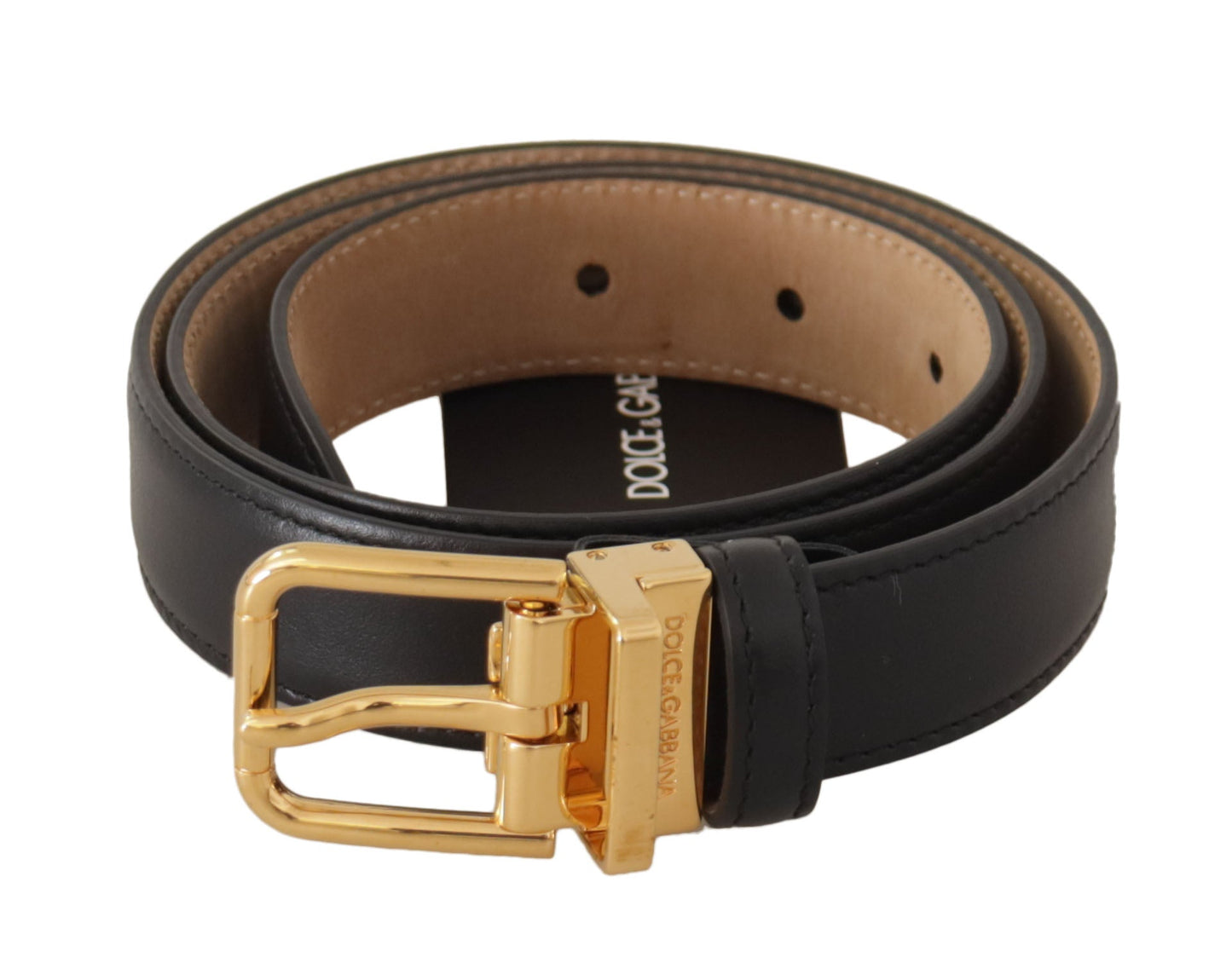 Dolce & Gabbana Black Calf Leather Gold Metal Logo Waist Buckle Women's Belt