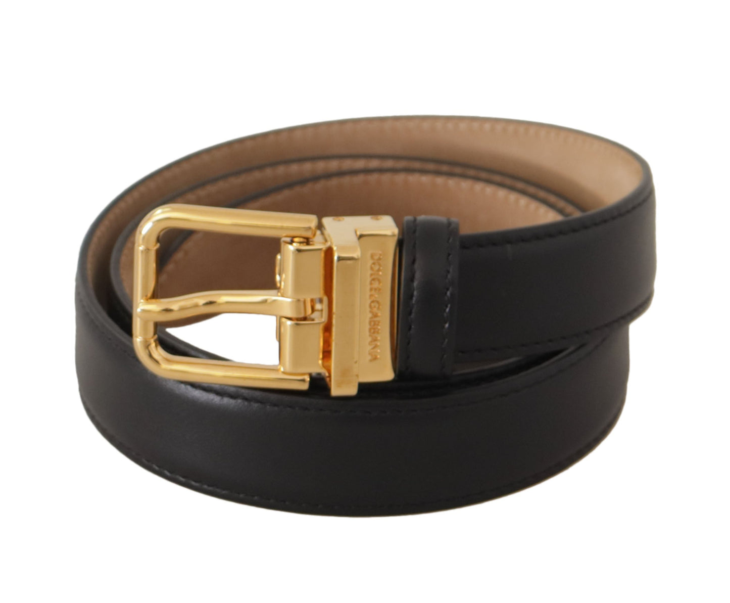 Dolce & Gabbana Black Calf Leather Gold Metal Logo Waist Buckle Women's Belt