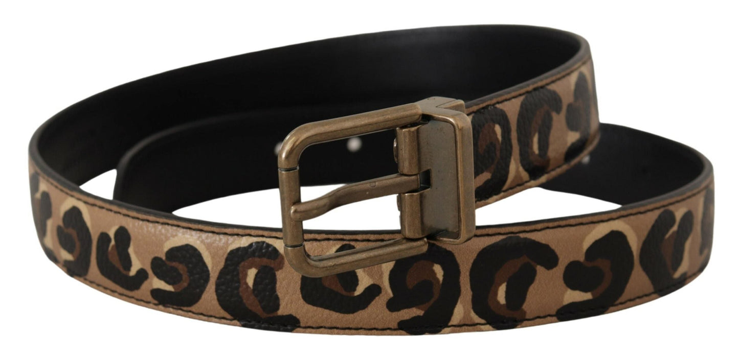 Dolce & Gabbana Brown Leather Leopard Print Bronze Metal Buckle Women's Belt