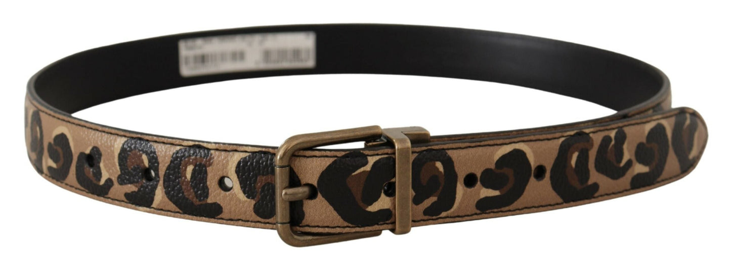 Dolce & Gabbana Brown Leather Leopard Print Bronze Metal Buckle Women's Belt