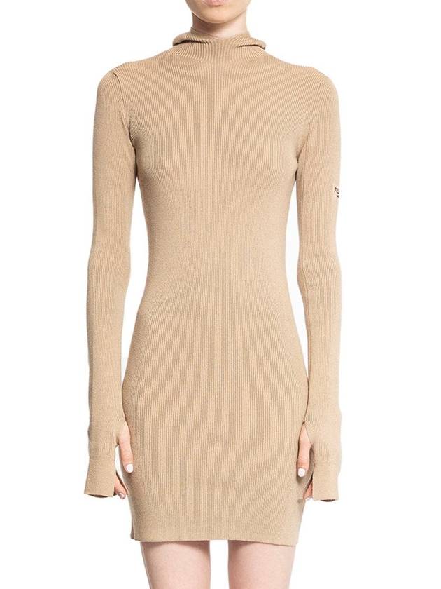 Fendi Long Sleeve Hooded Wool Silk Short Dress Beige